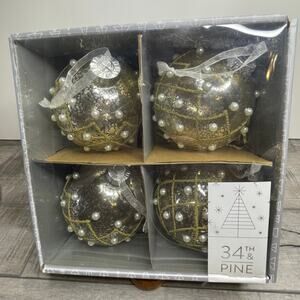 34th & PINE 4 inch Mercury Glass Silver Gold 3D Pearl Glitter Ornament Set of 4